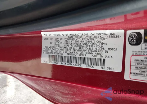 2005 Toyota Tacoma z USA, uszkodzony, nr VIN 5TENX22N65Z066856
